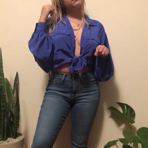 Vintage royal blue satin blouse - Picture 2 of 3